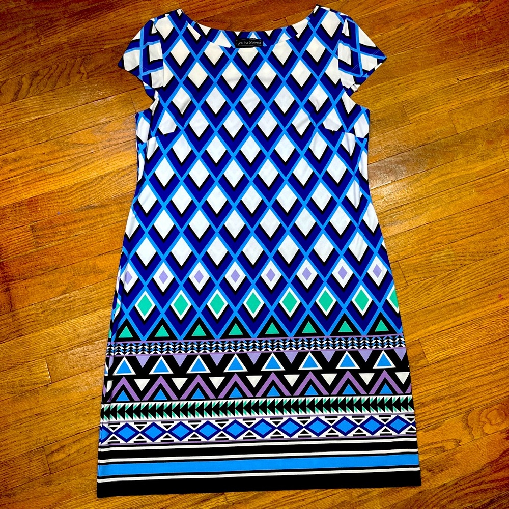 Jessica Howard Sz Large Blue White Geometric Knee Length Sleeveless Shift Dress